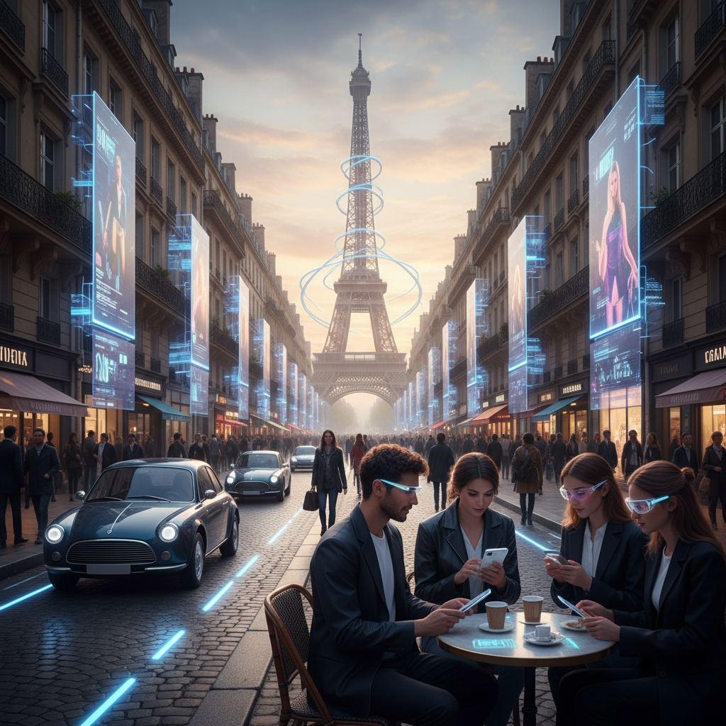 Scène de rue parisienne futuriste avec éléments digitaux innovants.