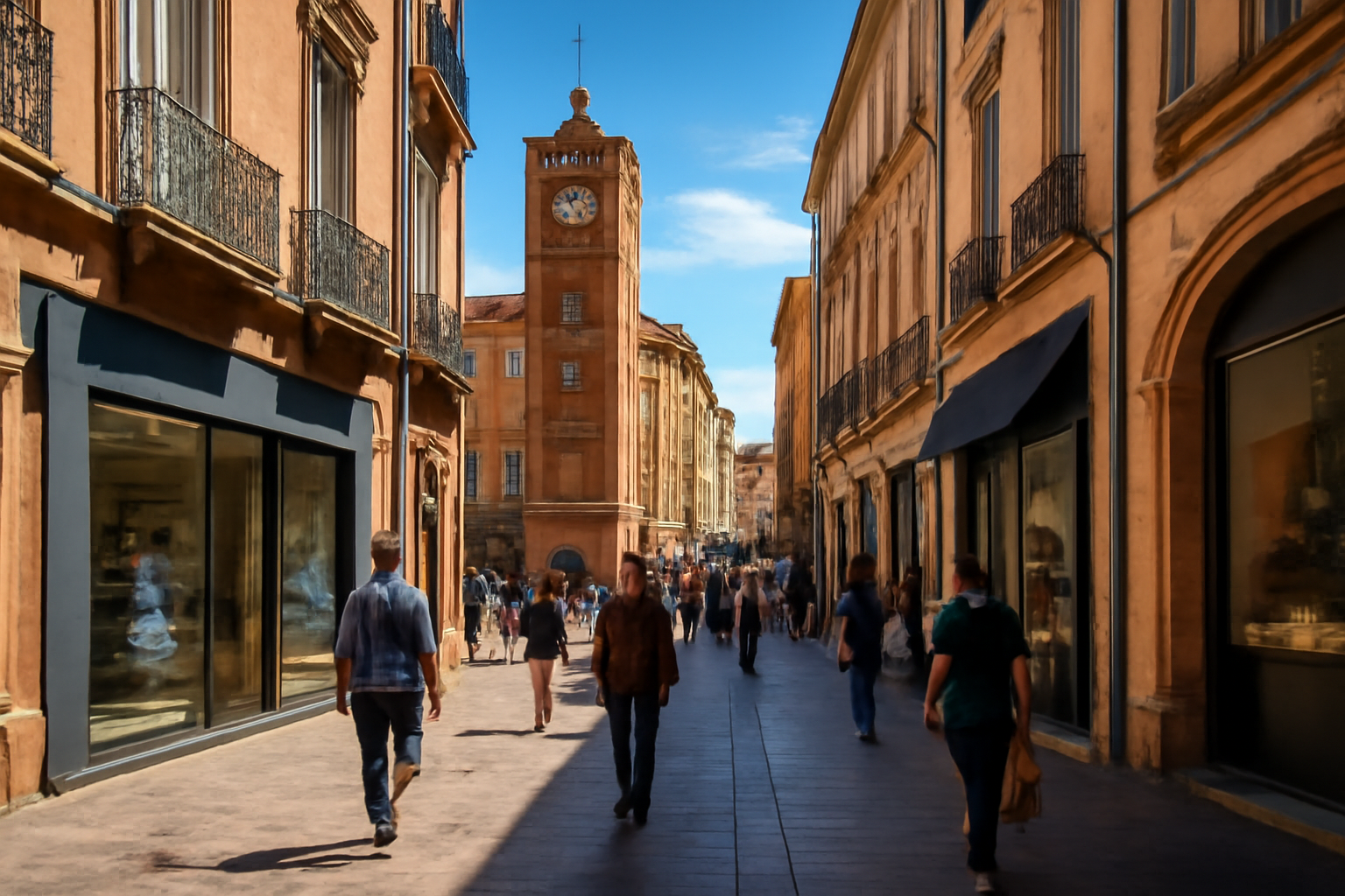 Vue animée d'une rue commerçante historique à Perpignan sous le soleil.