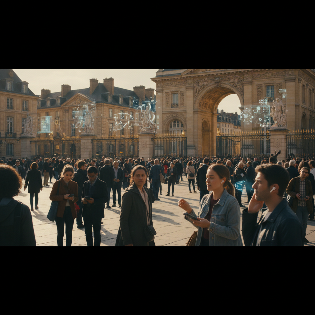 Place Stanislas à Nancy, avec des personnes utilisant des technologies numériques.