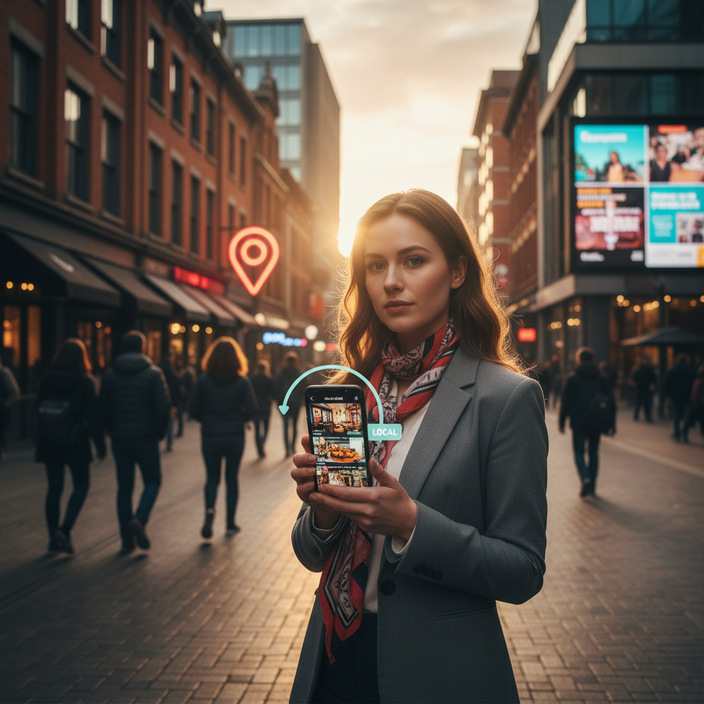Une femme tenant un smartphone avec l'application TikTok, dans un environnement urbain, représentant le marketing local.