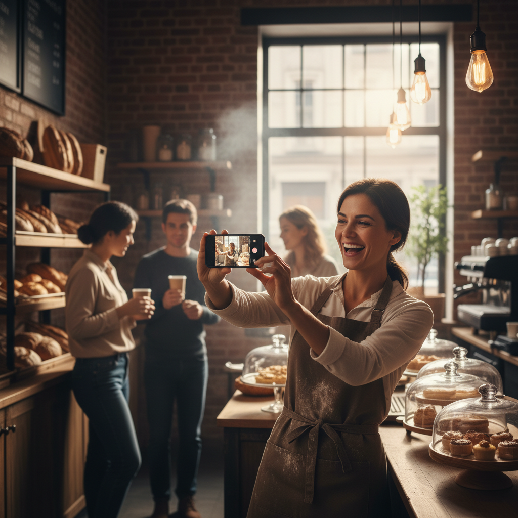 Une entrepreneuse filme une vidéo TikTok dans sa boutique locale animée.