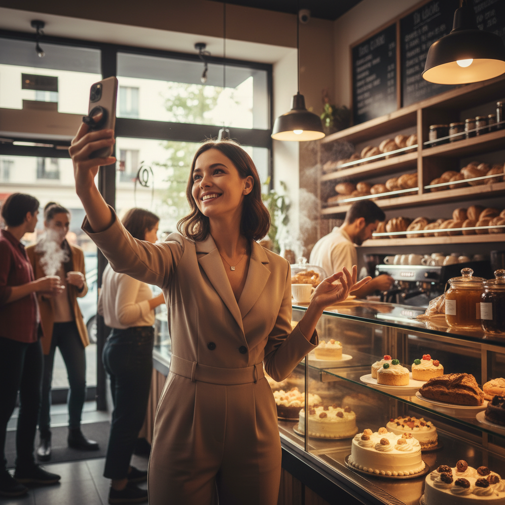 Une entrepreneuse filme son commerce local avec un smartphone, clients en arrière-plan.