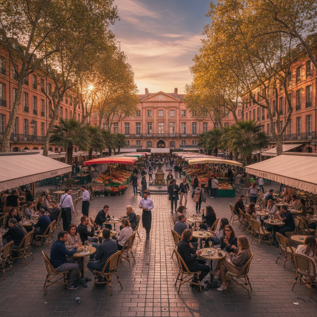 Scène animée sur une place de marché historique à Toulouse en Occitanie.