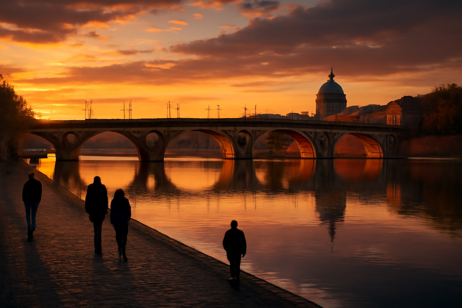 Pont Neuf et Garonne au coucher du soleil à Toulouse.