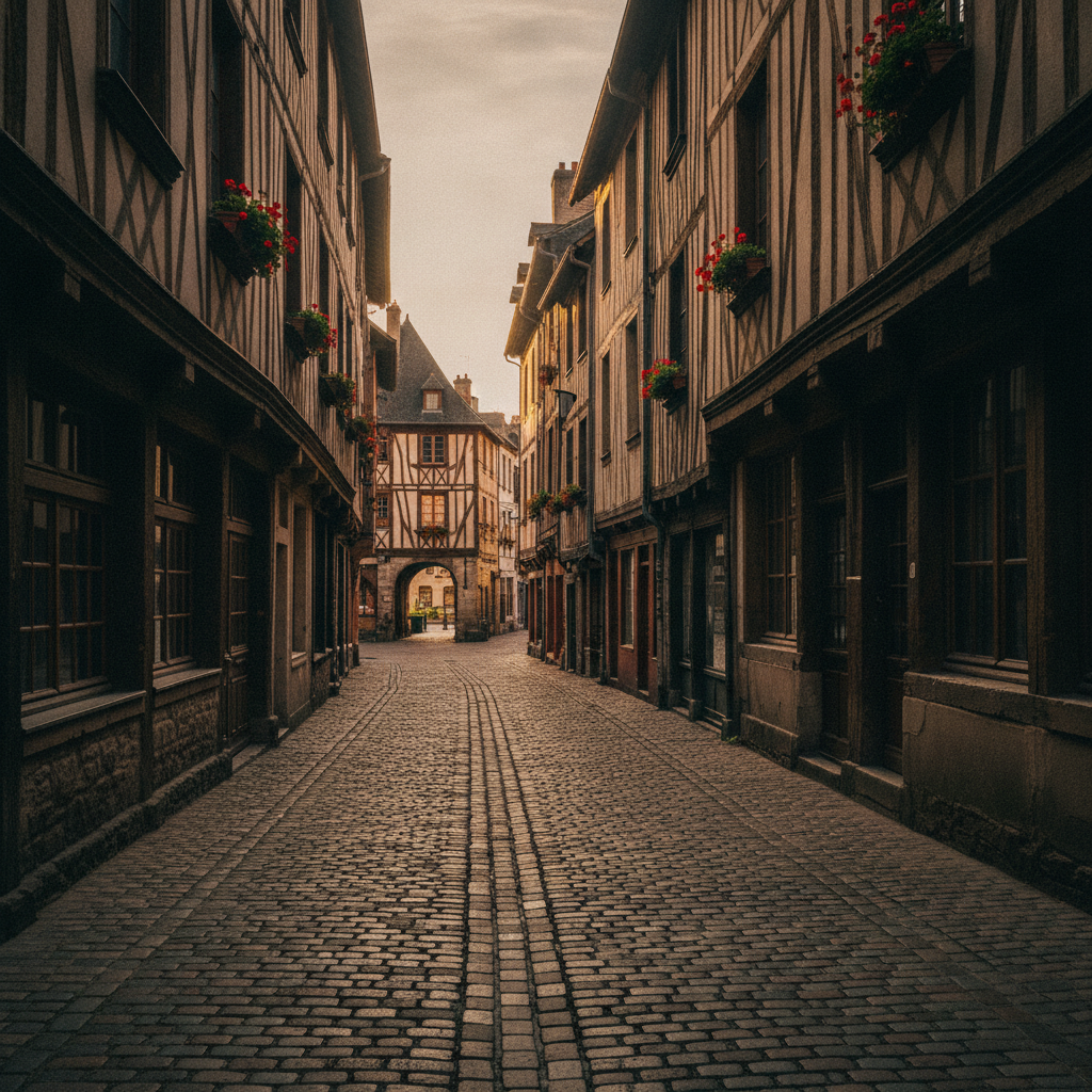 Ruelle pavée du Vieux Tours sous un soleil couchant.