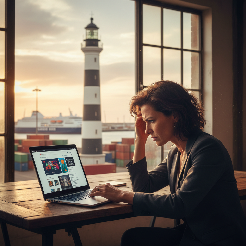 Une entrepreneure à Calais perplexe devant son site web.