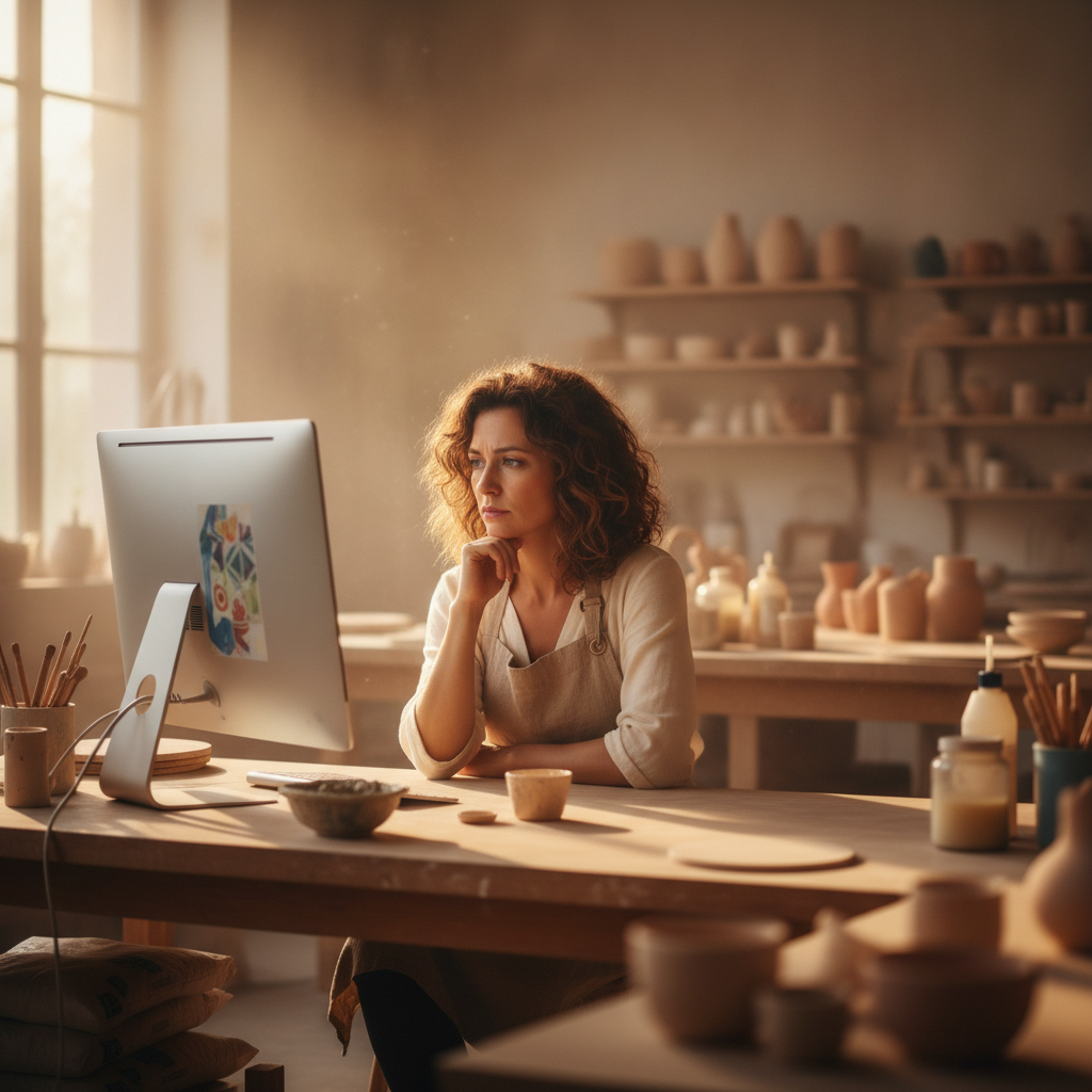 Artisan devant son ordinateur dans un atelier de Limoges