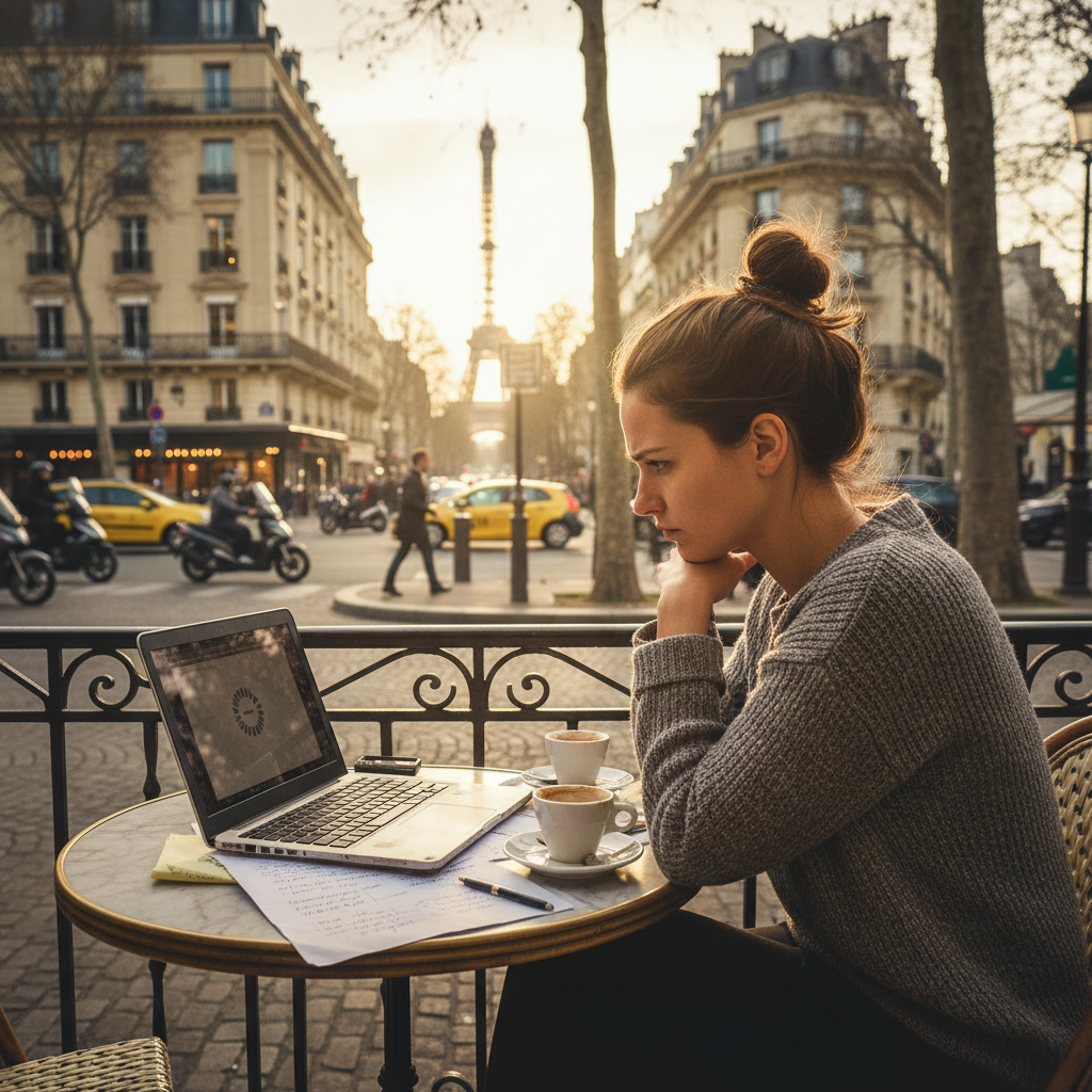 Propriétaire de TPE parisienne, stressé devant un vieil ordinateur portable.