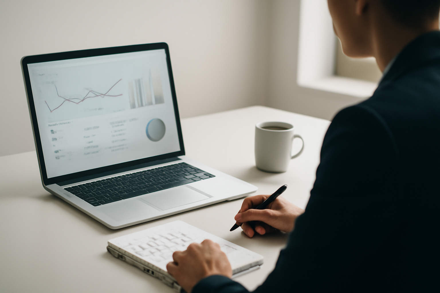Une personne analysant des données sur un ordinateur portable, bureau épuré.