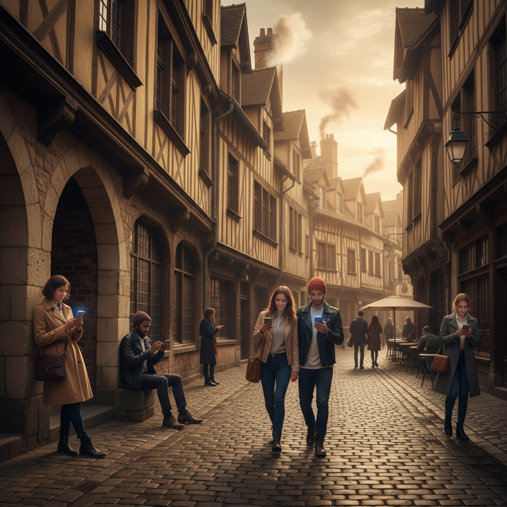 Ruelle médiévale de Troyes avec des passants, mêlant histoire et modernité.