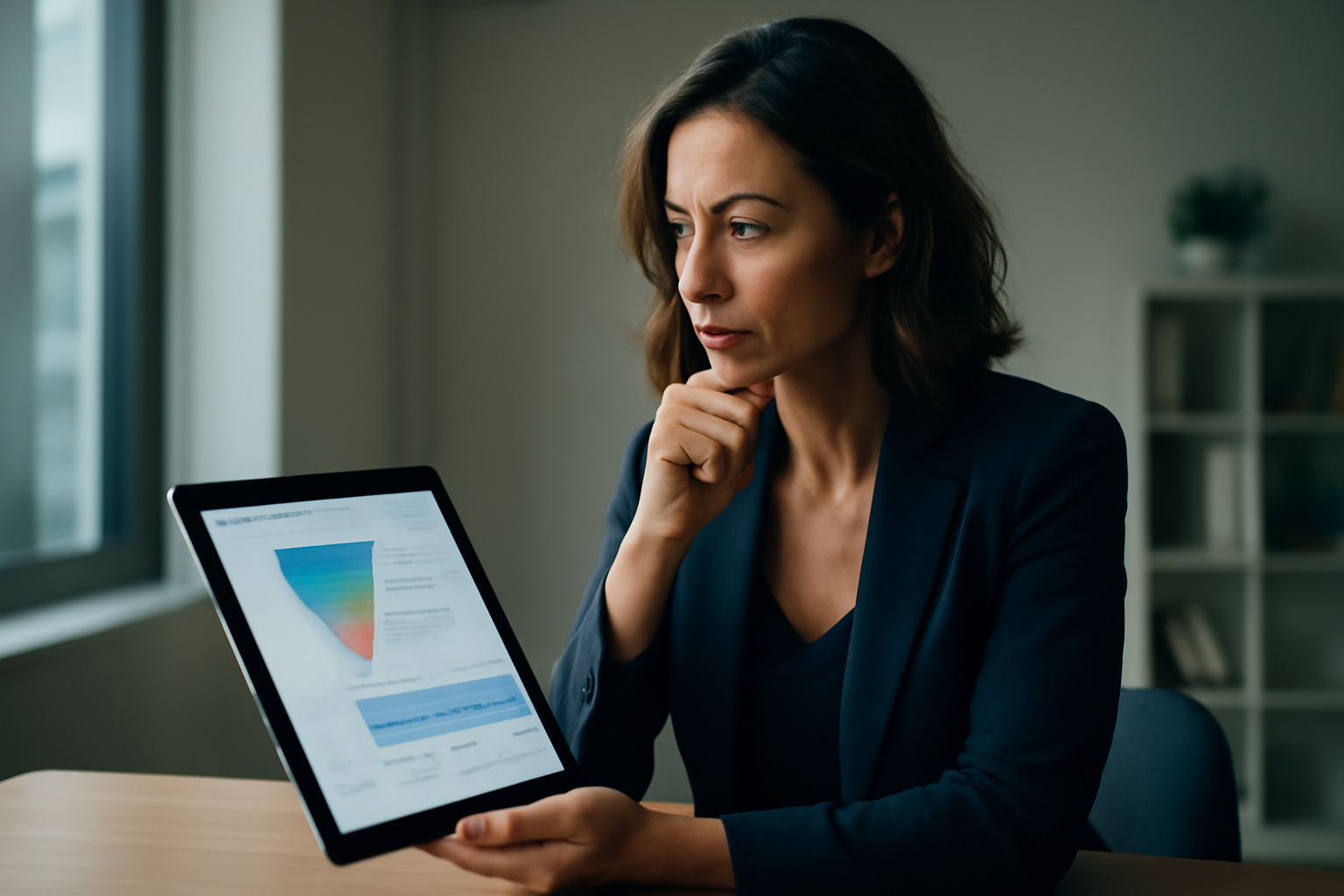 Femme chef d'entreprise analysant un tunnel de vente sur une tablette.