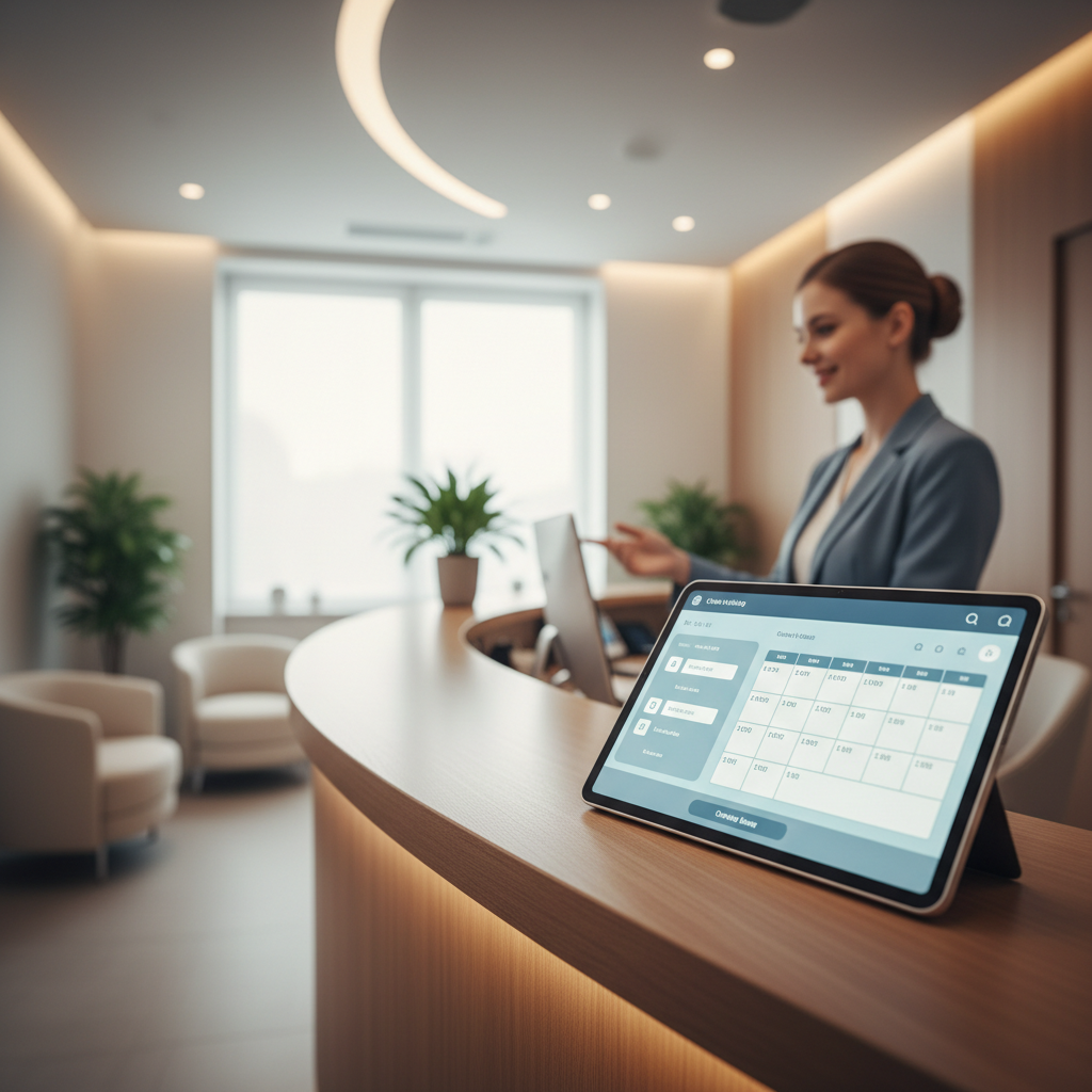 Réception moderne d'un cabinet médical avec tablette de réservation en ligne