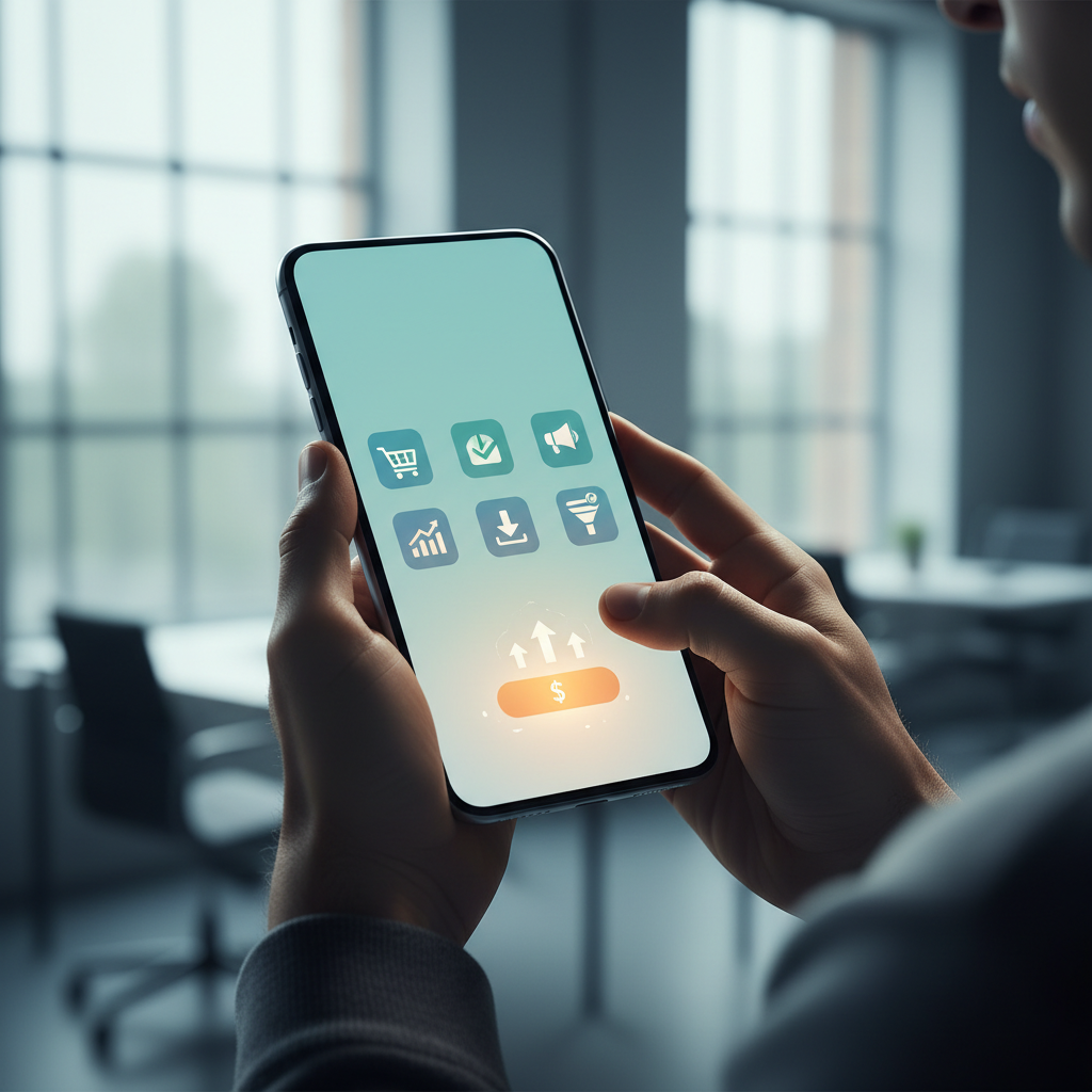 Mains tenant un smartphone, interface utilisateur mobile avec des icônes de conversion.