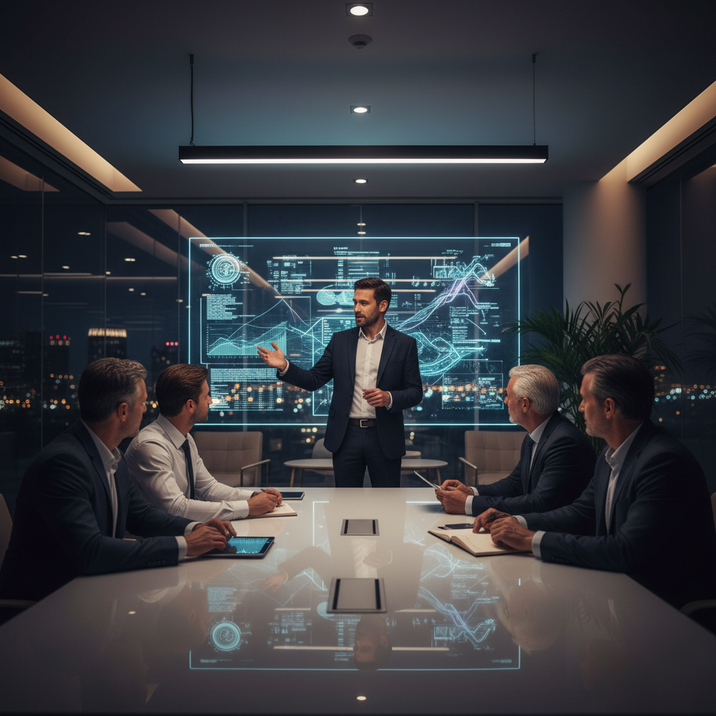 Professionnels visionnant une vidéo sur grand écran en réunion B2B.