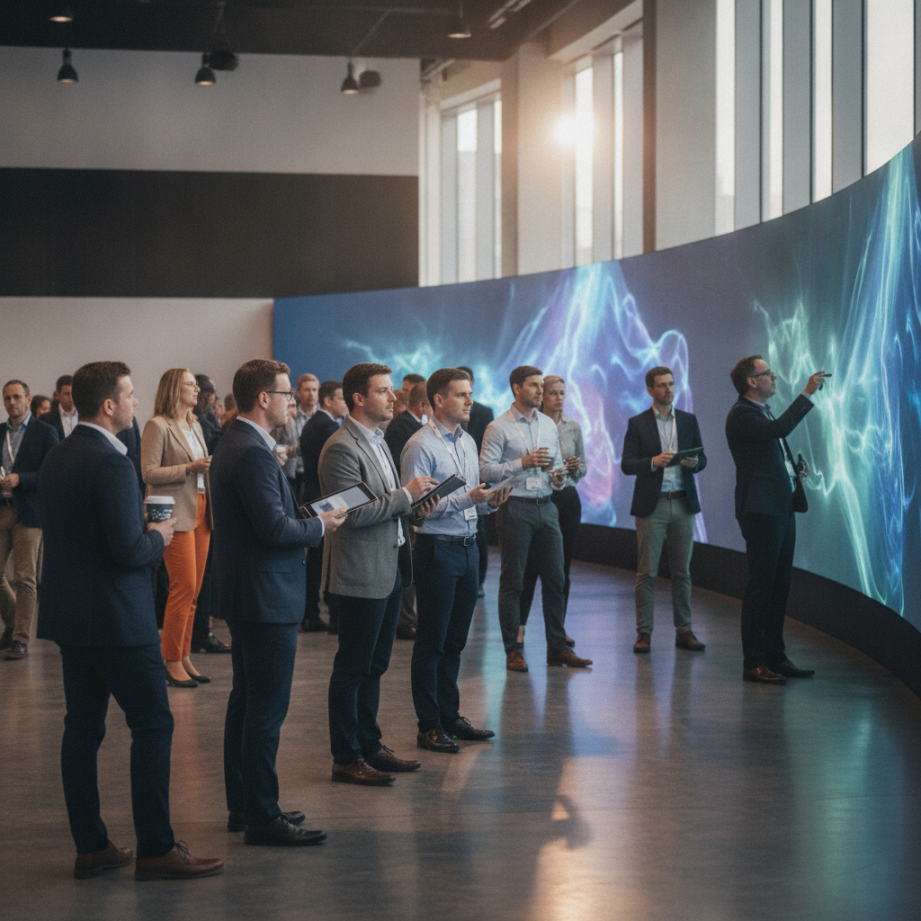 Professionnels B2B interagissant autour d'écrans diffusant du contenu vidéo.