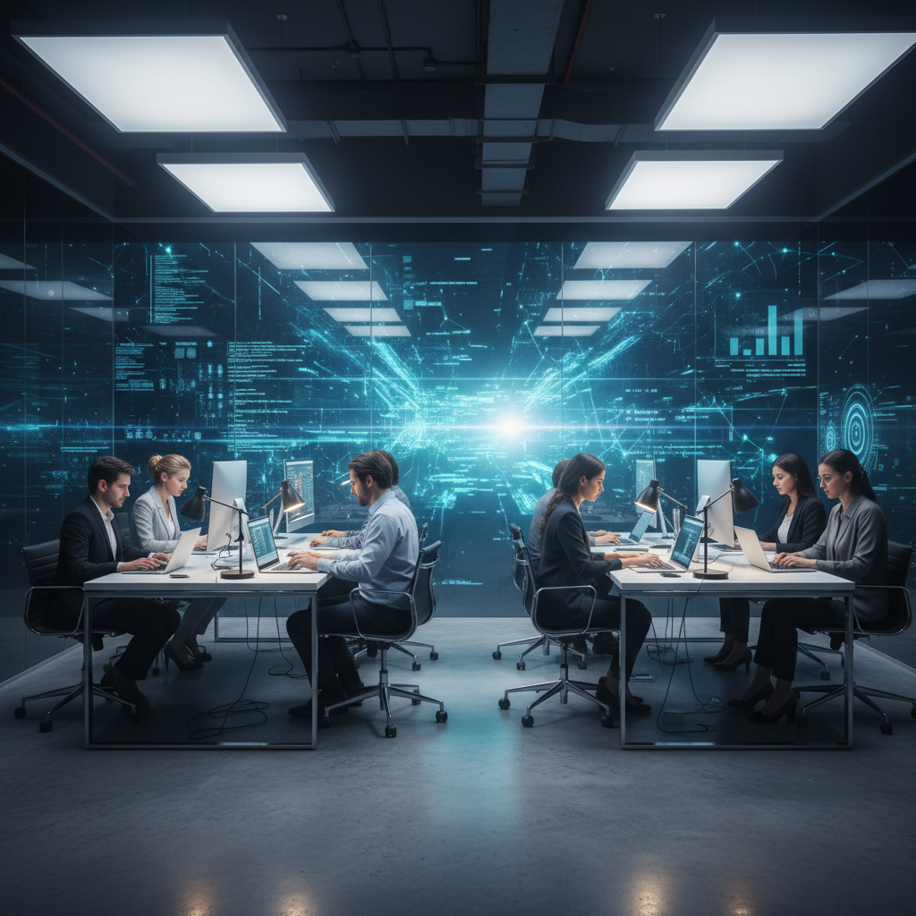 Équipe professionnelle analysant des données sur des écrans lumineux.