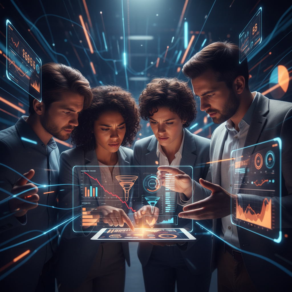 Propriétaires de TPE/PME devant un tableau de bord digital, frustrés par la conversion.