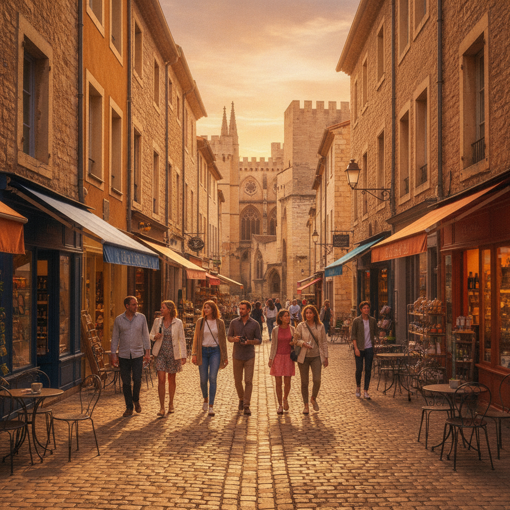 Rue médiévale animée à Avignon, Provence, au coucher du soleil.