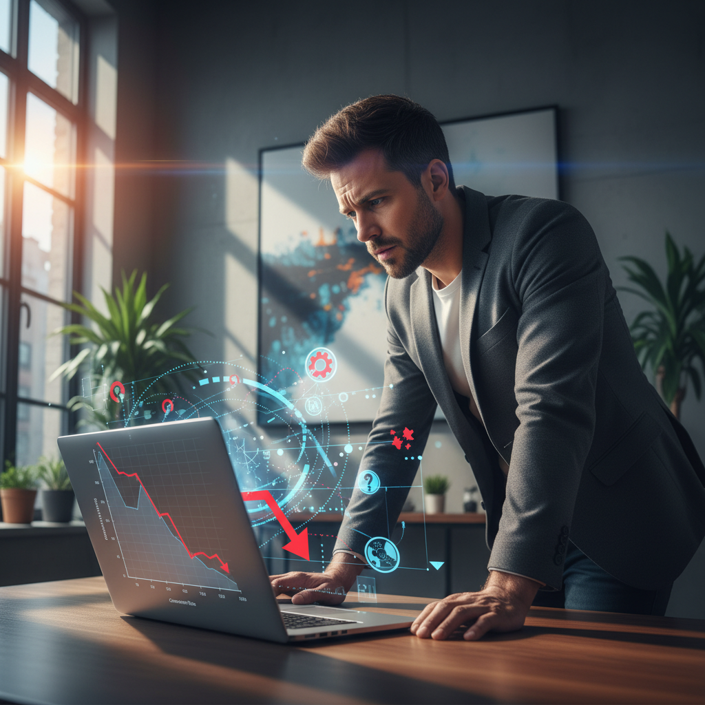 Un entrepreneur frustré devant son écran d'ordinateur affichant des données de conversion en baisse.