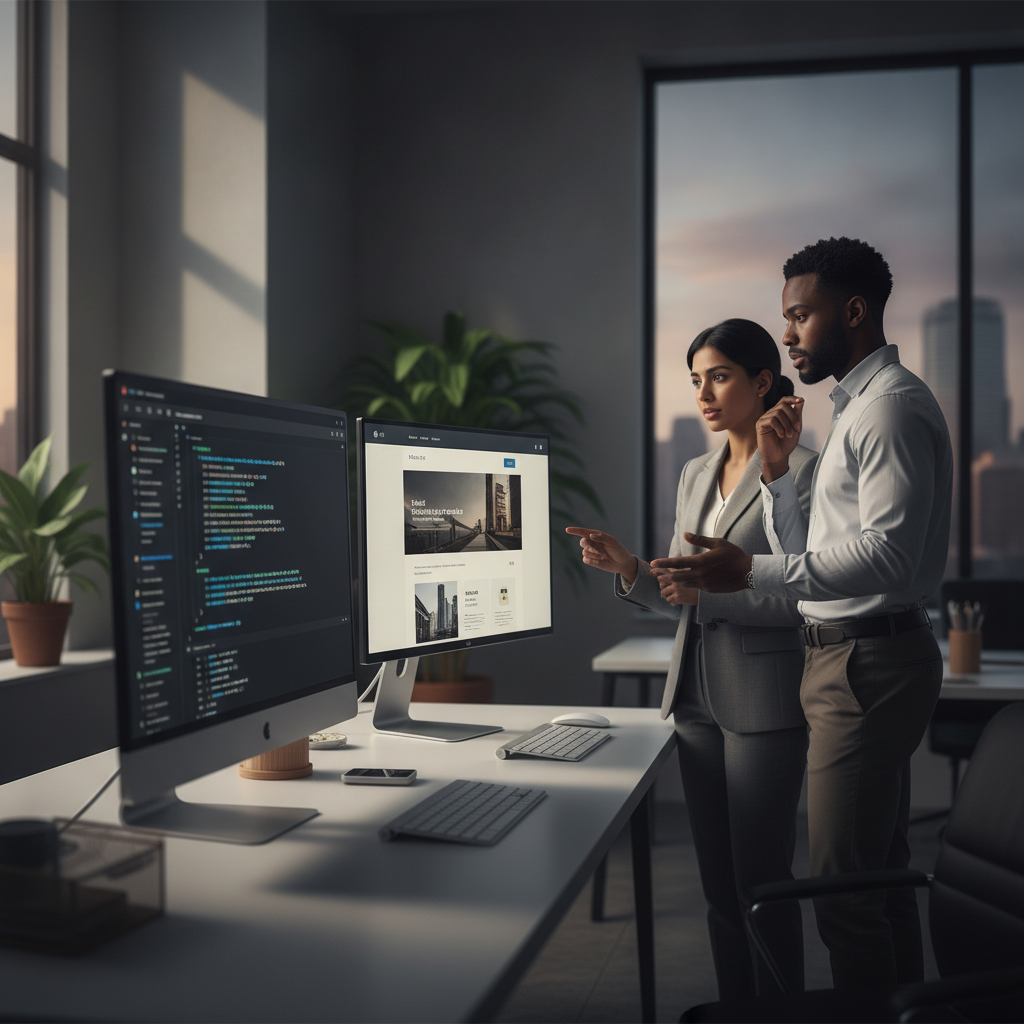 Deux professionnels comparant un site WordPress et React en 2026.